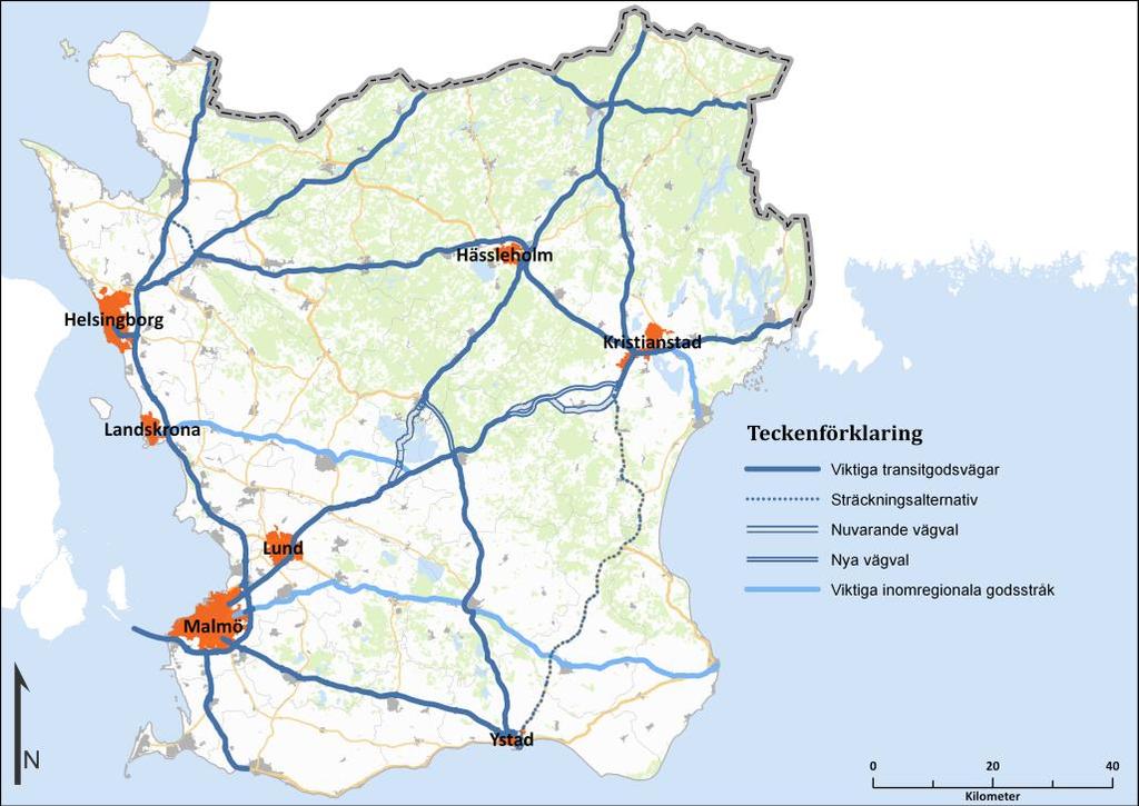 Figur: Viktiga vägar för gods till/från och genom Skåne, samt viktiga inomregionala vägar.