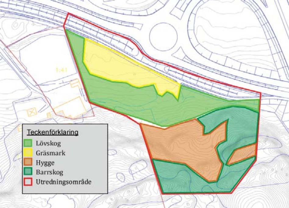 13 Biotopklassningar inom planområdet. Utsikt från planområdet över Torps handelsområde norr om väg 161.