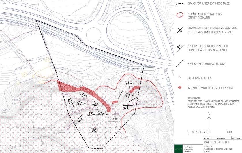 30 Berggrunden består av en röd grovkornig granit till pegmatit, ställvis förskiffrad. Vissa sprickgrupper har observerats.