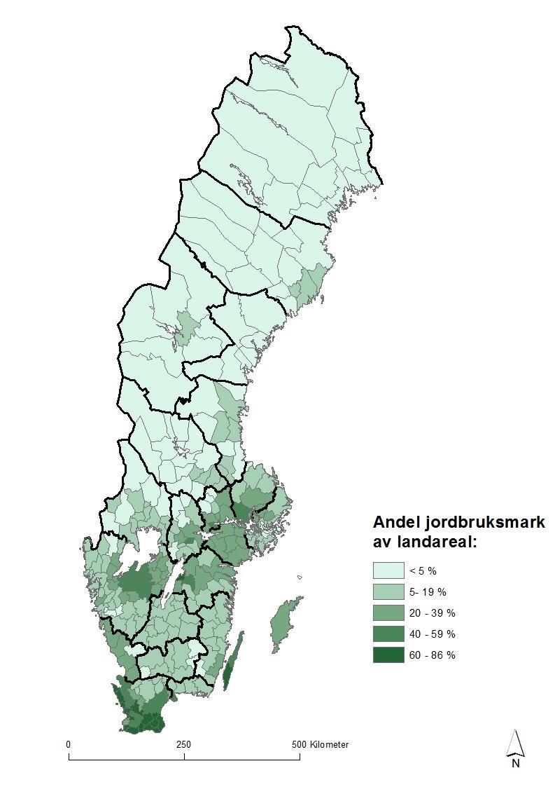 Statens Jordbruksverk 5 JO 10 SM 1701 Jordbruksmarken 2016 Förhållande mellan jordbruksmark och landareal 2016 Karta A visar hur stor andel av landarealen i respektive kommun som används till