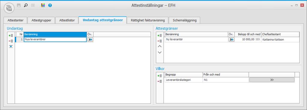 Fliken Undantag attestgränser Lägg till undantag från attestgränser om det behövs. Undantagen kan vara baserade på leverantörskategori, leverantörsgrupp eller leverantör.