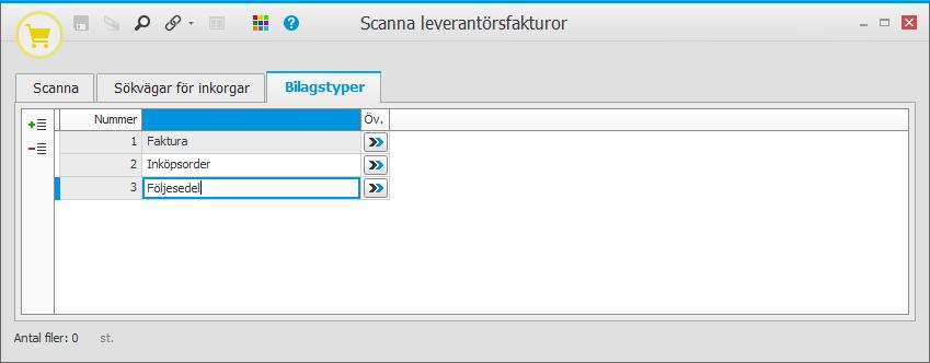 Fliken Bilagstyper Registrera de bilagstyper som du behöver, förutom Faktura som följer med från start.