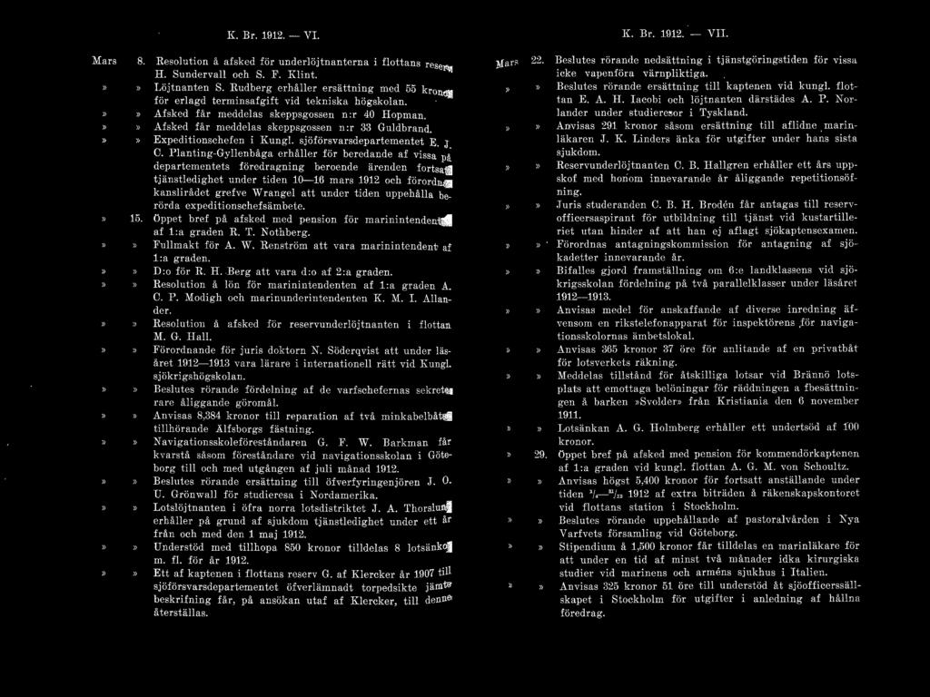 Mars K. Br. 1912.- VI. 8. Resolution å afskcd för underlöjtnanterna i flottans reserv H. Sunelervall och S. F. Klint. >> Löjtnanten S.