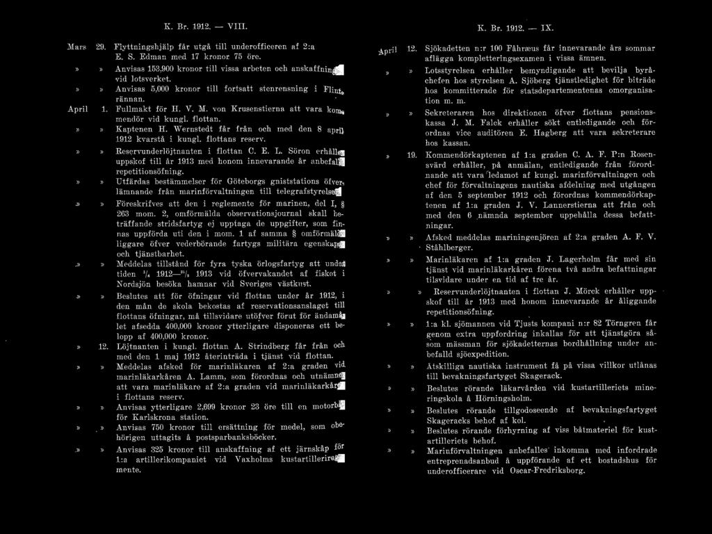 K. Jir. 1912. - VIII. I\.. Er. 1912. - IX. 12. Flyttningshjälp får utgå till underofficeren af 2 :a graden E. S. Edmm1 med n kronor 75 Öre'. A.nYisus 153.