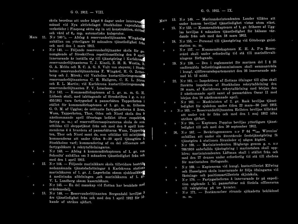 automatiska kulsprutor. N :r 140 1 /,. - Afslag å reservunderlöjtnanten W ingårdhs anhållan om ytterliga re 10 månaders tjänstledighet från och med elen 1 mars 1912. N :r 141.