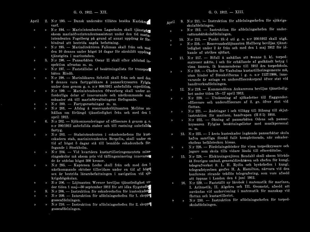 G. O. 1912. - XII. G. O. 1912. - XIII. April 2. K :r 193. - Dansk undersåte tillåtes besöka Karlskrona varf. >> N :r 194.