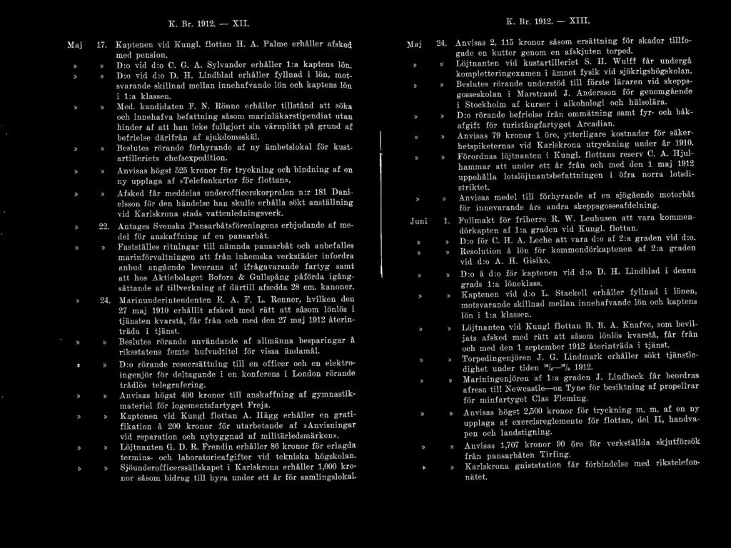 K. Br. 1912. - XII. K. Br. 1912. - XIII. Maj 17. Kaptenen vid Kungl. flottan H. A. Palme erhåller afsked med pension. >> D:o vid d:o C. G. A. Sylvander erhåller 1:a kaptens lön.» D :o vid d:o D. H. Lindblad erhåller fyllnad i lön, motsvarande skillnad mellan innehafvande lön och kaptens lön i 1:a klassen.