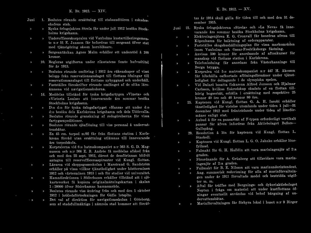 J im i K. Br. 1912. - XIV. 1. Beslutes rörande ersättning till stabsauditören 10. :14. chefens sta b. eskader- Ryska örlogsjakten Strela får under juli 1912 besöka Stockholms krigshamn.