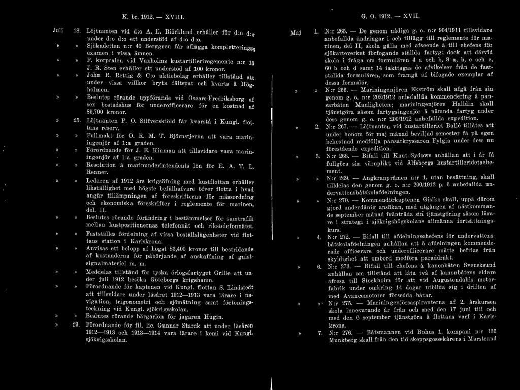 K. br. 1912. - XVIII. G. O. 1912. - XVII. Juli )} 18. Löjtnanten vid d:o A. E. Biörklund erhåller för d:o d :o under d:o d:o ett understöd af d:o d:o.