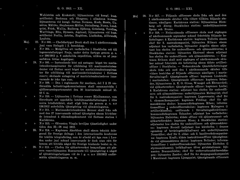 G. O. 1912. - XX. G. O. 1912. -XXI. Maj. W ahlström och K rokstedt; löjtnanterna vid kungl.