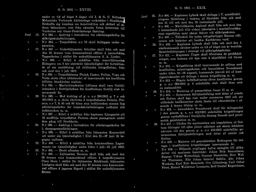 Juni 15. 17. 18. 19. 20. 22. 9- - D. G. O. 1912. - XXVIII. under en tid af högst 8 dag ar vid J. & G C Bol" d.