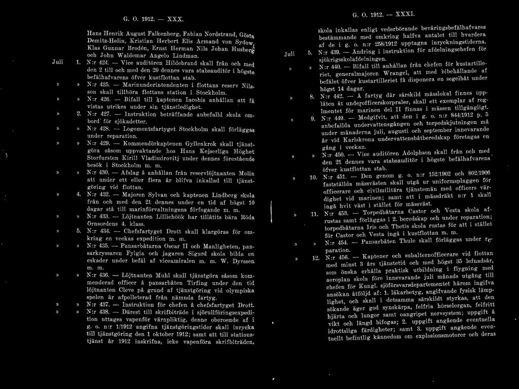 Juli l. 2. G. O. 1912.- XXX. Hans Henrik August Falkenberg, Fabian Nordstrand G" Demitz-Hclin, Kristian Herbert Elis Armand von Sydo:!