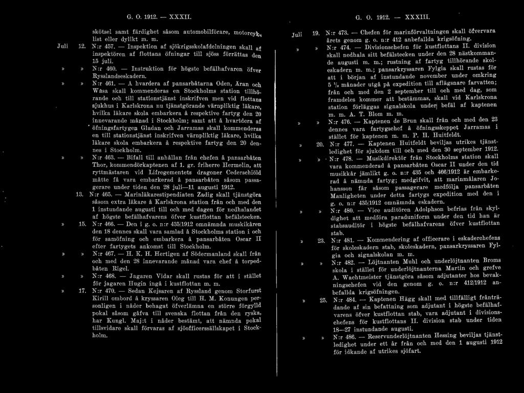 G. O. 1912.- XXXII. G. O. 1912. - XXXIII. Juli skötsel samt färdighet såsom automobilförare, motorcyklist eller dy likt m. m. 12. N:r 457.
