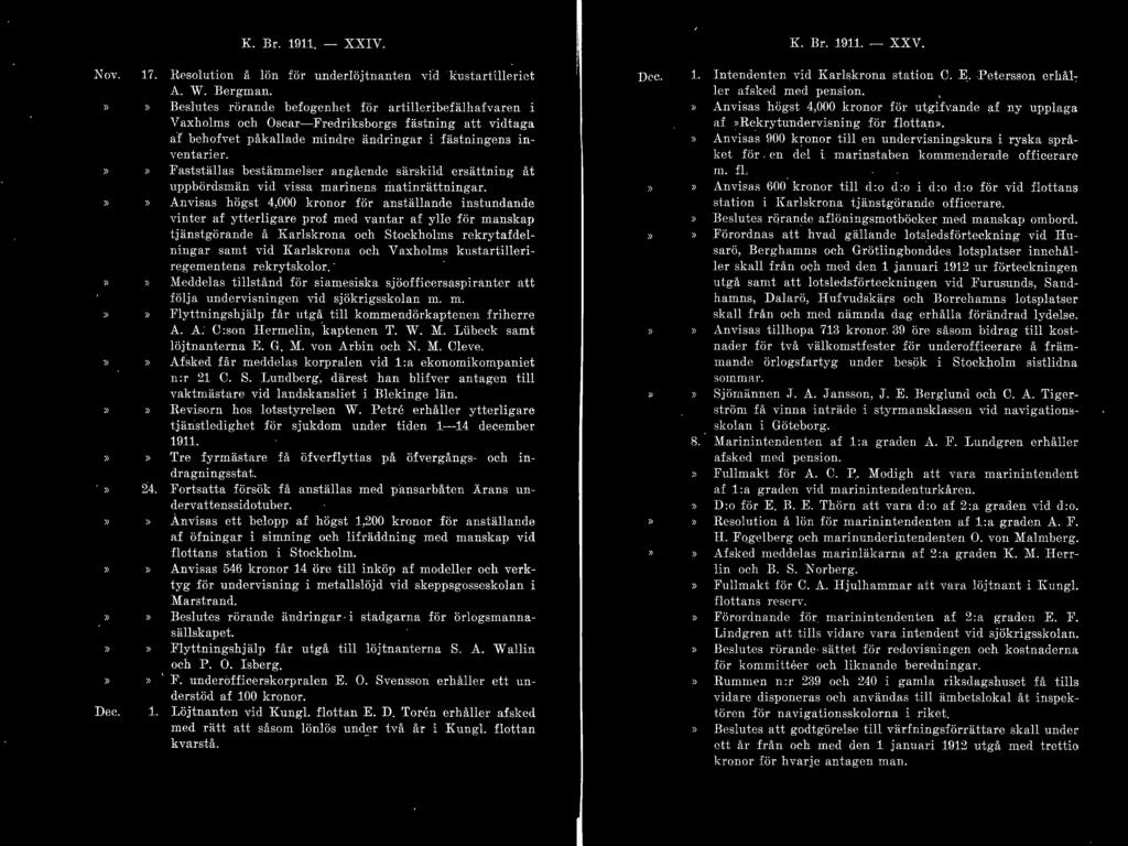 K. Br. 19l1. - XXIV. K. Br. 19l1. - XXV. Nov. Dec. 17. Resolution å lön för underlöjtnanten vid kustartilleriet A. W. Bergman.