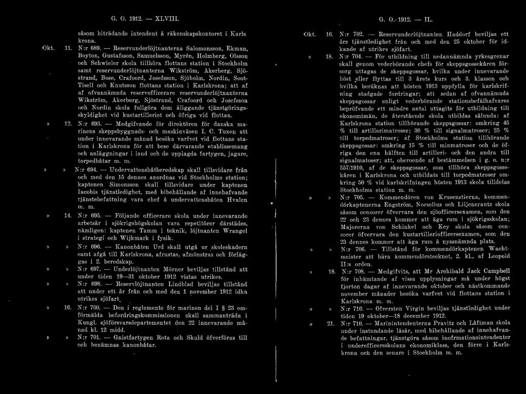 G. O. 1912. - XLVIII. G. O. 1912. - IL. Okt. ;. såsom biträdande intendent å räkenskapskontoret i Karls krona. 11. N :r 689.