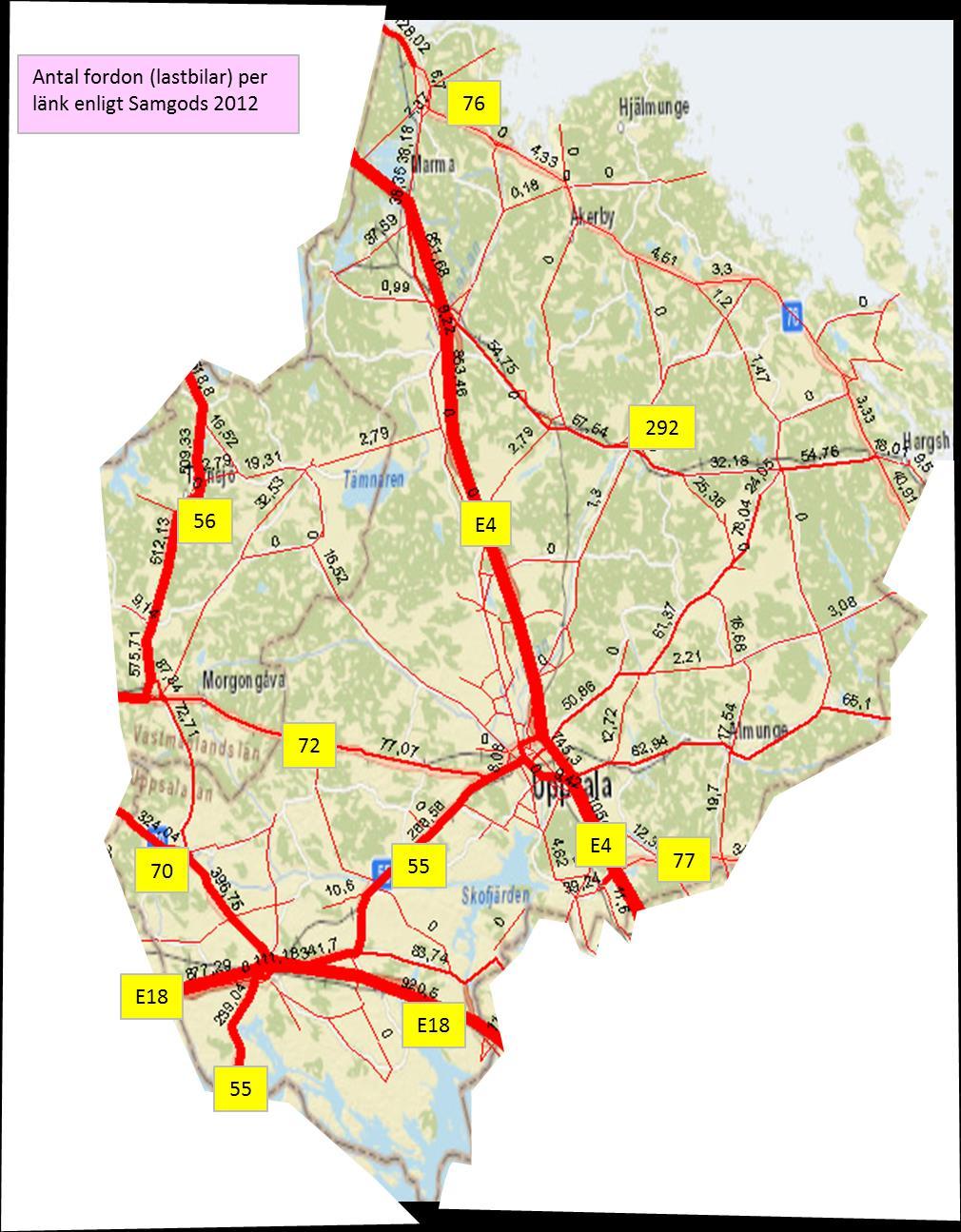 Figur 8: Samgods flödeskarta för Uppsala län, med avlästa vägnummer inlagda Västmanlands län En screenshot av Samgods resultat för Västmanlands län visas i Figur 9.