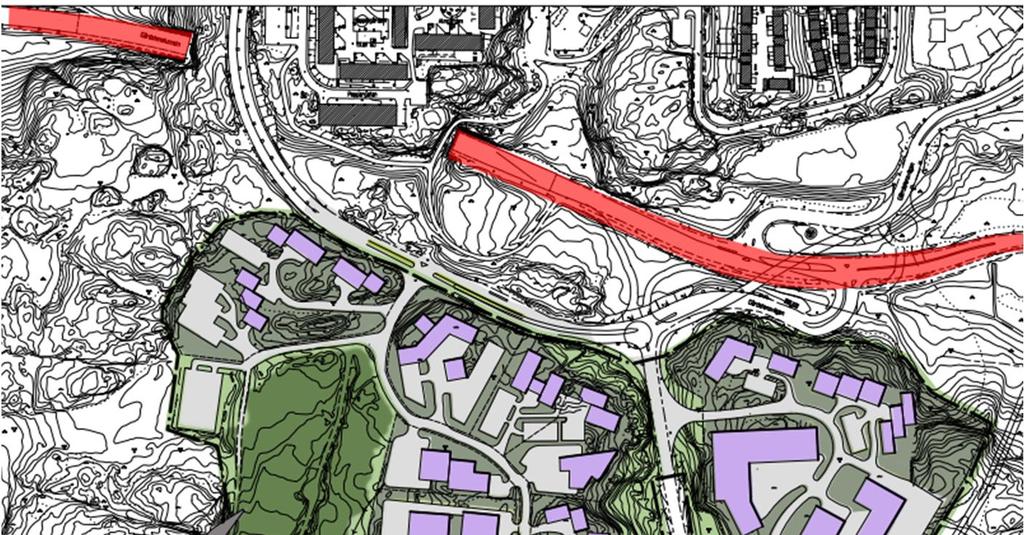 2 Områdesbeskrivning Utformning av området illustreras i Figur 2.1 där verksamhetsytorna inom illustrationsbilden planeras för industri och kontor.