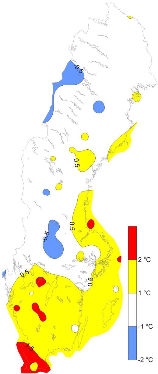 högsta temperatur stigit något i Götaland och upp längs ostkusten.