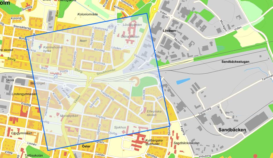 Figur 6. En grov uppskattning av en kvadratkilometer (blå kvadrat) kring planområdet och för Lokstallet 1 (röd kvadrat).