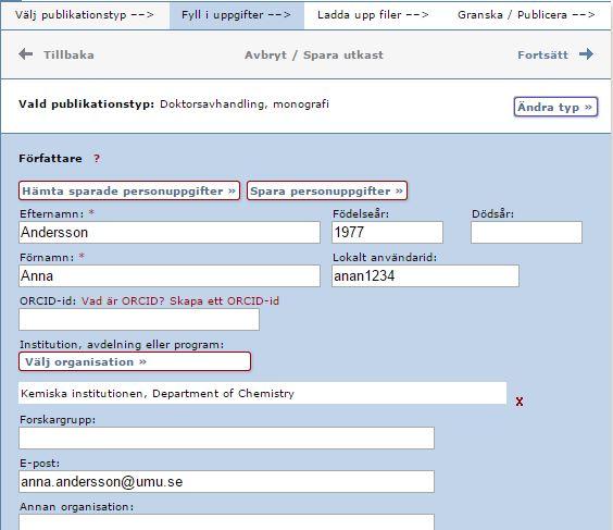 2. Välj publikationstyp: Välj Doktorsavhandling, monografi (resp. Licentiatavhandling, monografi) och klicka på Fortsätt.