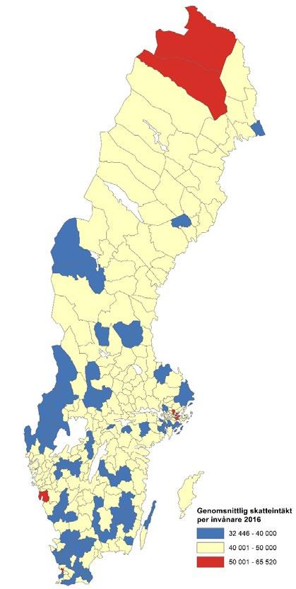 PROJEKT SOM BERÖR INTEGRATION KAPITEL 15 Figur 8 Försörjningskvot per kommun 2016 (till vänster) och genomsnittlig skatteintäkt per invånare och kommun (till höger) Källa: SCB Försörjningskvoten mäts