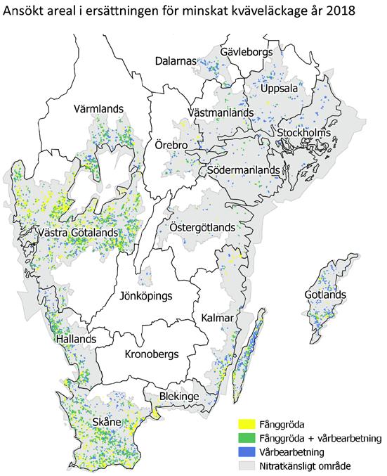 KAPITEL 17 ERSÄTTNING FÖR MINSKAT KVÄVELÄCKAGE Figur 6 Kartan visar skiften med åkermark där det finns en ansökan om utbetalning i miljöersättningen för minskat kväveläckage år 2018.