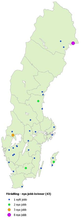 STÖD TILL FÖRÄDLING AV JORDBRUKSPRODUKTER KAPITEL 5 20 nya jobb i Norrbotten Figur 5 och 6 visar spridningen av antalet nyskapade jobb uppdelat på kvinnor och män.