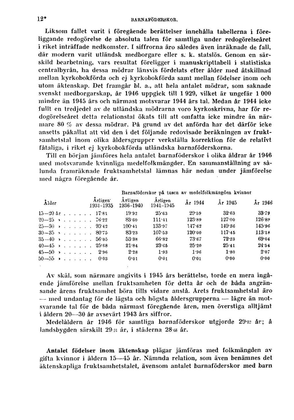 12* BARNAFÖDERSKOR. Liksom fallet varit i föregående berättelser innehålla tabellerna i föreliggande redogörelse de absoluta talen för samtliga under redogörelseåret i riket inträffade nedkomster.
