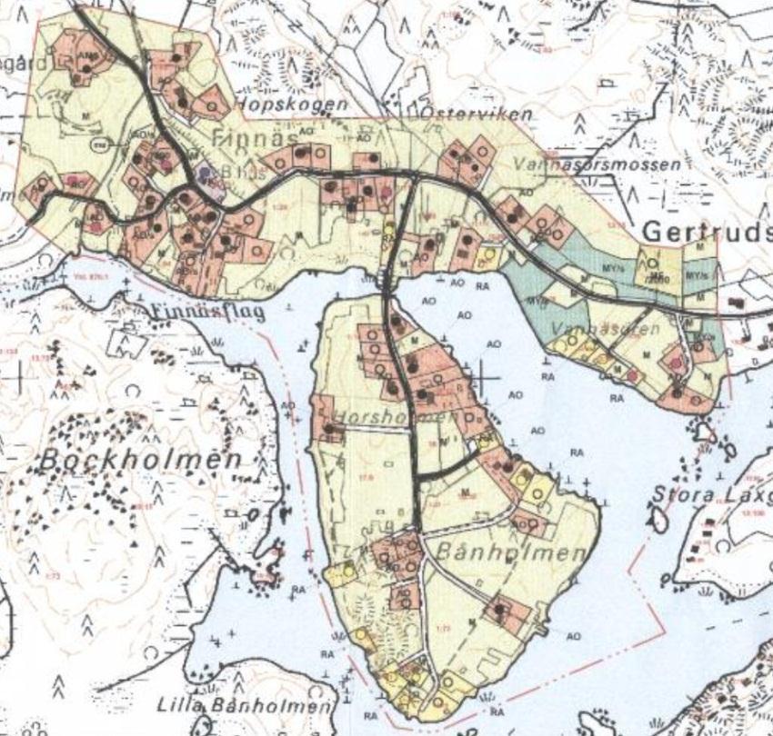 Utdrag ur delgeneralplanen för Västerby (godkänd 14.10.2002). Söder om området för Västerby delgeneralplan ligger Finnäs delgeneralplan.