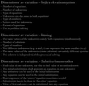 ekvationssystem Number of equations Number of unknowns Type of equations Unknowns are the same in both equations Type of numbers Letters used for unknowns Format of equations Use in problem solving