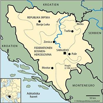 Yta 51 564 km2 (2017) Tid svensk Angränsande land/länder Kroatien, Serbien och Montrenegro Huvudstad med antal invånare Sarajevo 301 000 (uppskattning 2012) Övriga större städer Banja Luka 238 000,