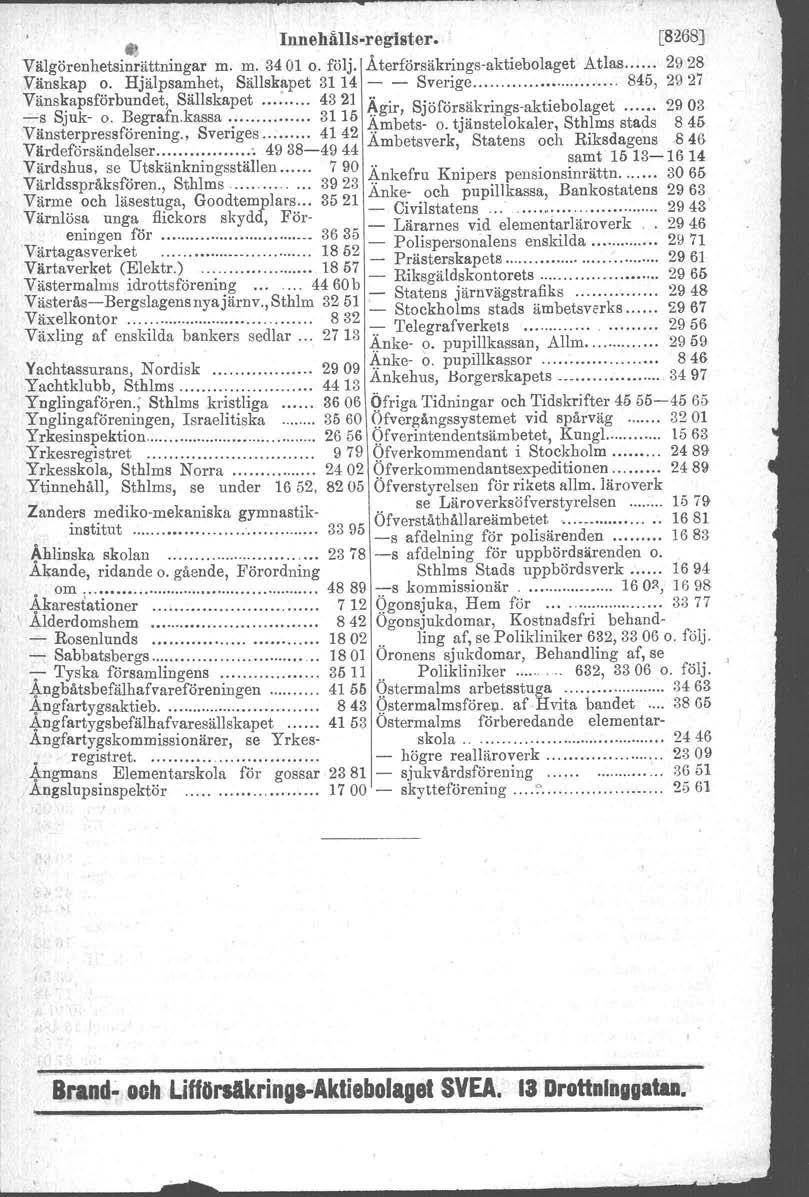 Innehålls-register. [8268) Välgörenhetsinrättningar m. m. 34010. följ. Återförsäkrings-aktiebolaget Atlas 2928 Vänskap o. Hjälpsamhet, 