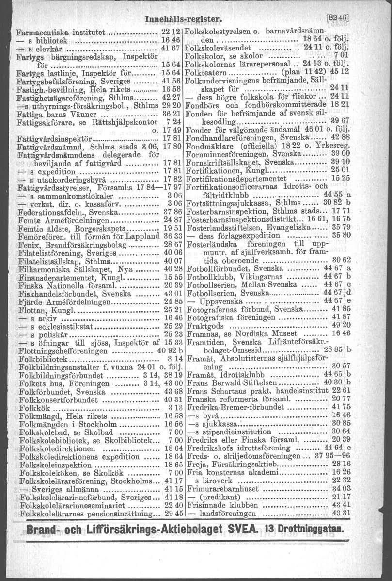 InneJ1ån~~l'egister. [8JH6] Farmaceutiska institutet r, :., 2212 Folkskolestyrelsen o. barnavårdsnämn- - s bibliotek..,.: ',' 164.6 f,,den 1864 q. följ. - s elevkår ~1 67 Folkskoleväsendet :.. 2411 o.