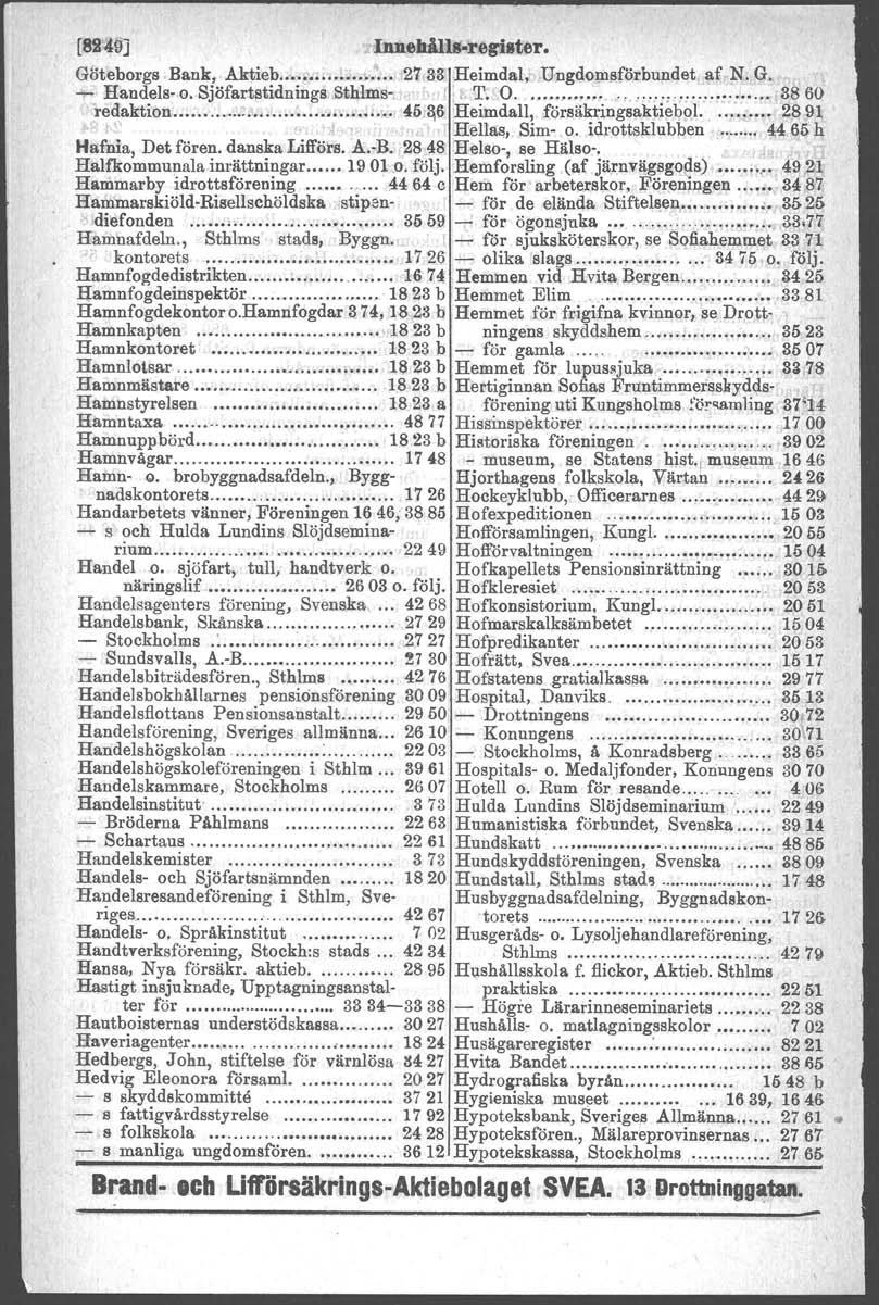 [8S!49] Innehål18 regillter. Göteborgs Bank, Aktieb..,..t : 27 33 Heimdal, Ungdomsförbundet,af ;N.G. ~ Handels-o. 8jöfartstidnings. Sthlms- "l: T.O ",., : 3860 redaktion.....?'......:,.