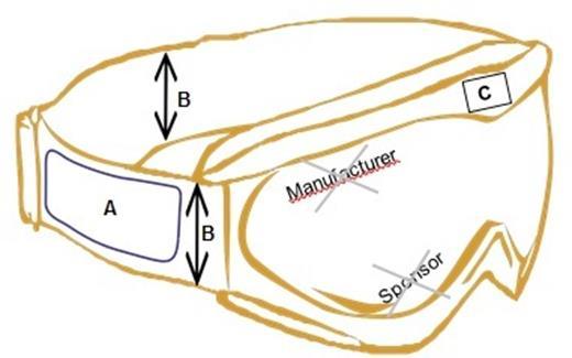 2. GLASÖGON A = Två märken med glasögontillverkarens namn med den totala ytan om 15 cm2 i osträckt läge. B = Maximal bredd på glasögonens band är 4 cm.