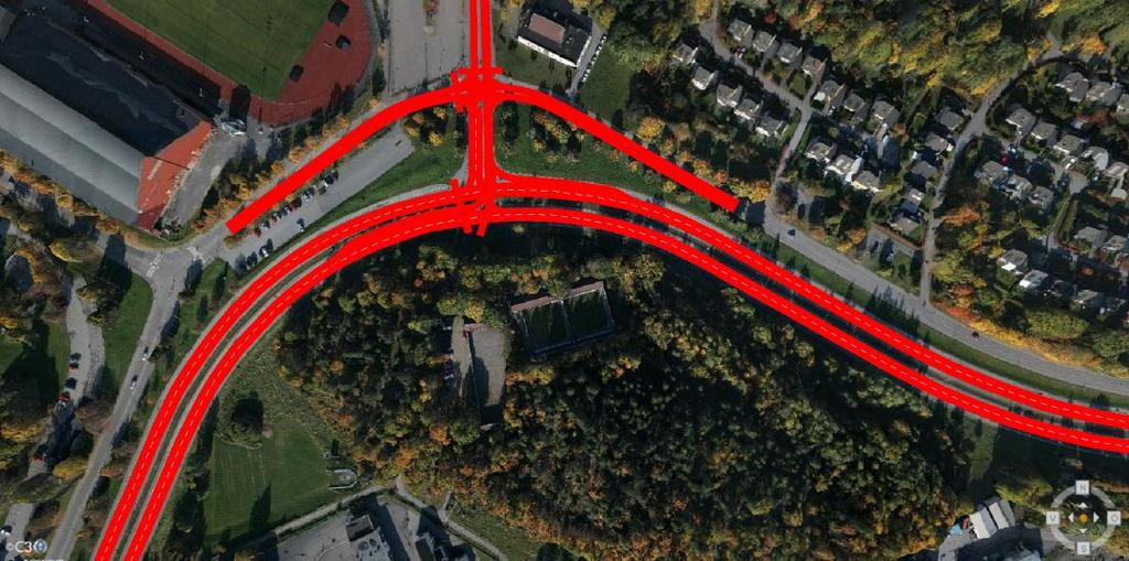 6.2 Simulering 6.2.1 Modelldata Kartinformation Till grund för modellen har ett ortografiskt fotografi över korsningen använts som bakgrundsbild på vilken trafiknätverket har byggts (se Figur 6.