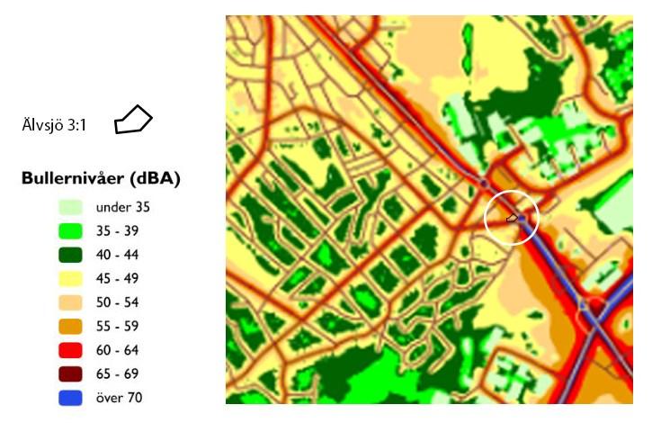Sida 11 (13) Trafikbuller, ekvivalent ljudnivå (dba) 2 meter över mark. Aktuellt planområde är markerat i vitt.