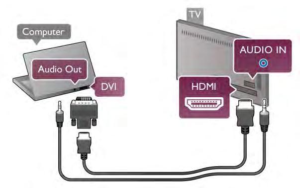 Med DVI till HDMI Du kan också använda en DVI till HDMI-adapter för att ansluta datorn till HDMI och en Audio L/R-kabel till AUDIO IN L/R på baksidan av TV:n.