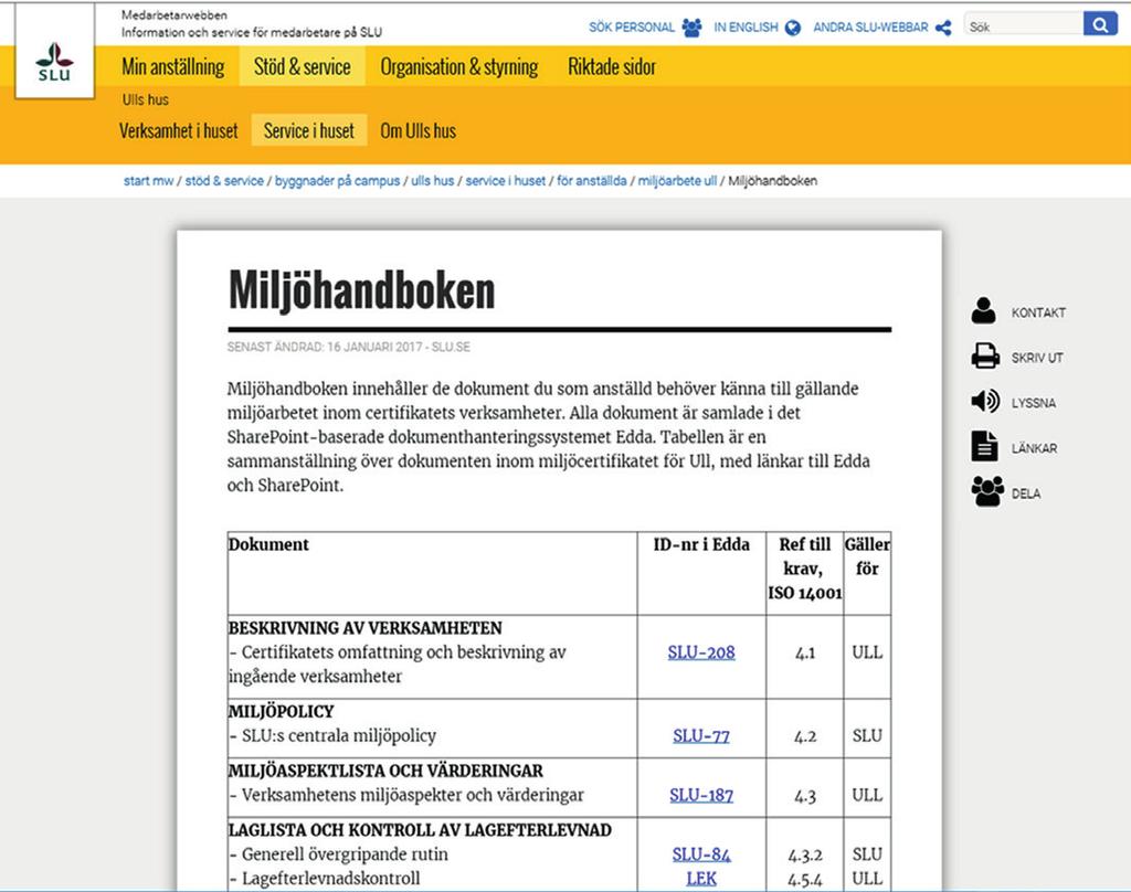 Miljöhandboken Alla dokument i SLU:s miljöledningssystem finns samlade i en virtuell handbok, kallad