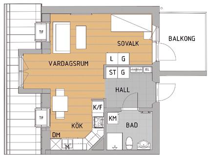 Lägenhet 1245 1,5 rok, 40 kvm, plan 4