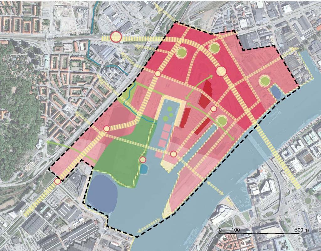 ÖVERGRIPANDE IDÉ Backaplan Knutpunkt Hjalmar Hjalmar Brantiingsgatan Ringön Kvillebäcken 6-14 vån, med inslag av högre hus Knutpunkt Frihamnen 6-8 vån bostadsnära park husbåtar?