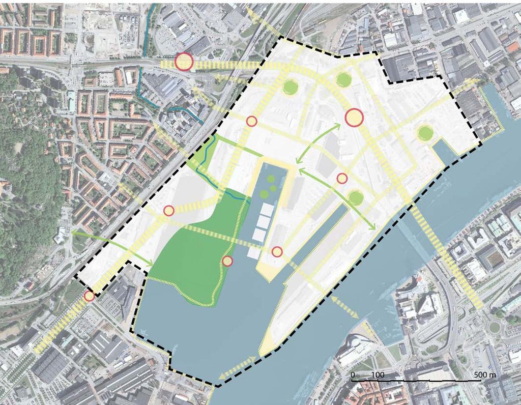 Noder och stråk Backaplan Knutpunkt Hjalmar Hjalmar Brantiingsgatan Ringögatan Ringön Knutpunkt Frihamnen Järnmalmsgatan Lundbyleden och Hamnbanan Södra Frihamnspiren Nya Hisingsbron Lindholmsallén