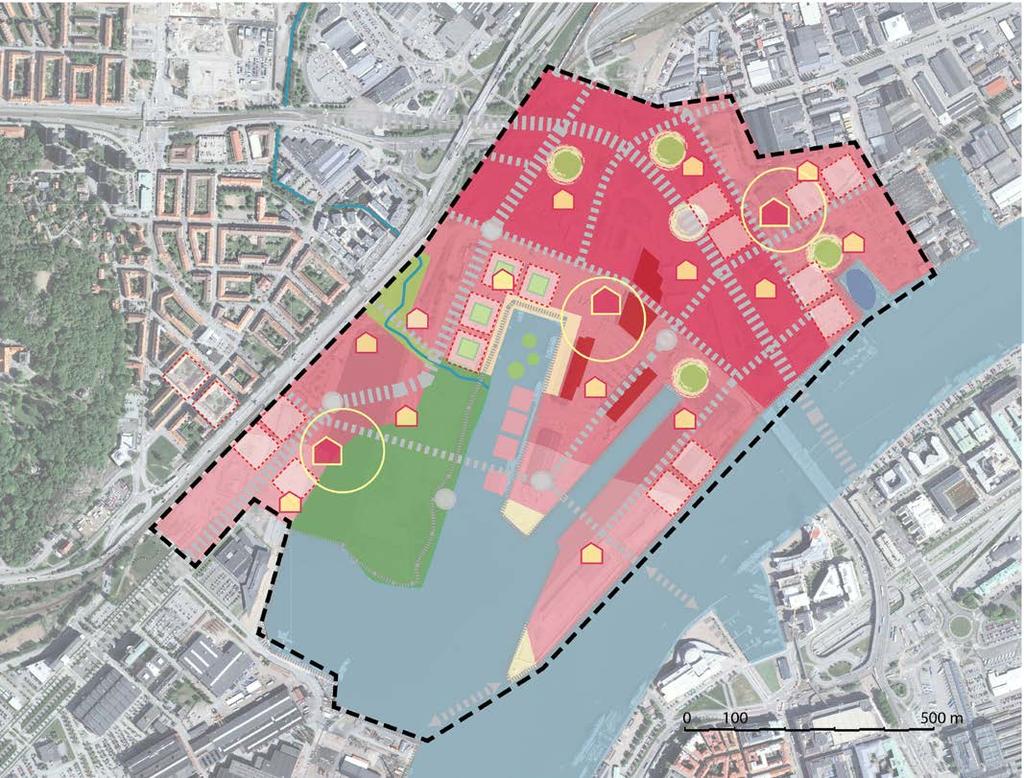 Lindholmsallén 3-5 vån Hög och tät bebyggelse En tät kvartersbebyggelse föreslås för att uppnå en blandad och hållbar stadsstruktur.