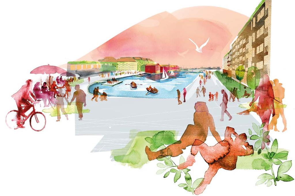 PARK OCH VATTEN Bild: West8 - White Möta vattnet för att säkerställa allas tillgång till älven Livet vid och på vattnet ska vara aktivt i Frihamnen.