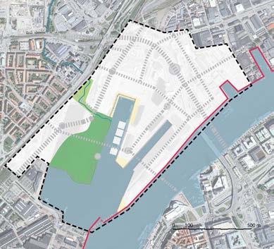 Området utmed Hjalmar Brantingsgatan, under Lundbyleden och hamnbanans broar, kommer fortsatt att ligga på en låg nivå men skyddas av omkringliggande hög mark och barriärer.