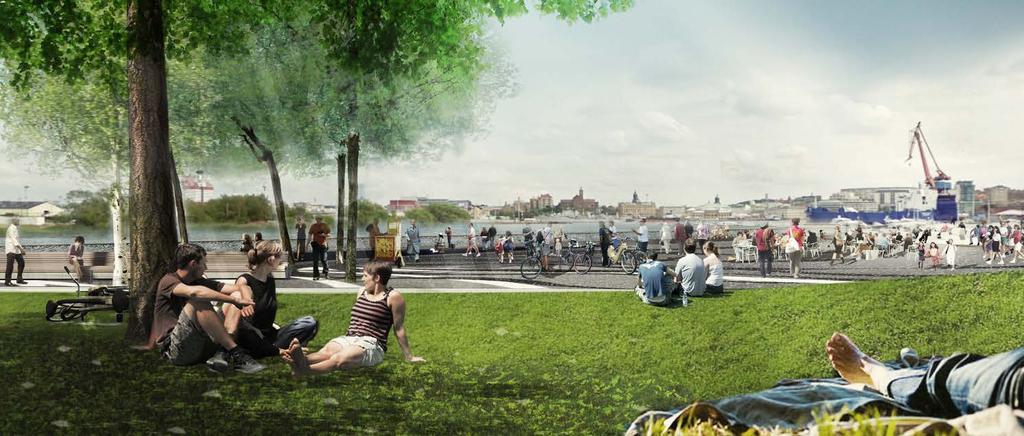 PARK OCH VATTEN kollektivtrafik. På detta sätt bildas ett yttre parkrum som är storskaligt och har det öppna vattnet som närmsta granne.