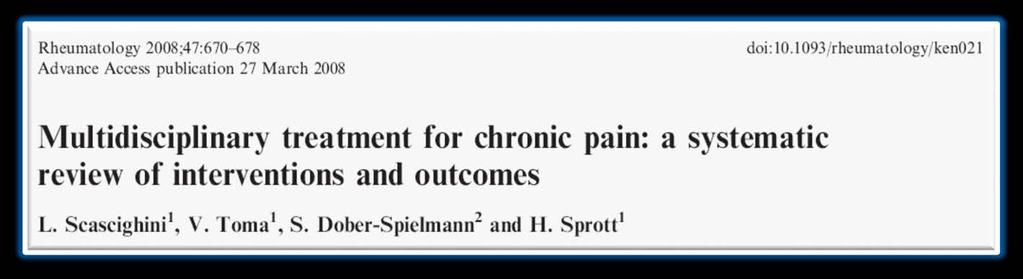 35 RCTs with >3 months follow-up Multimodal rehabilitation > TAU/WLC (Strong evidence) Low back pain (Moderate evidence) Fibromyalgia (Moderate evidence) Key message: