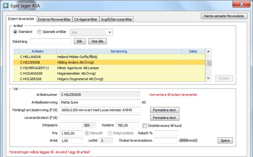 i fliken: Extern Leverantör Artikelnumret C97-Quotation försvinner och nu är det bara