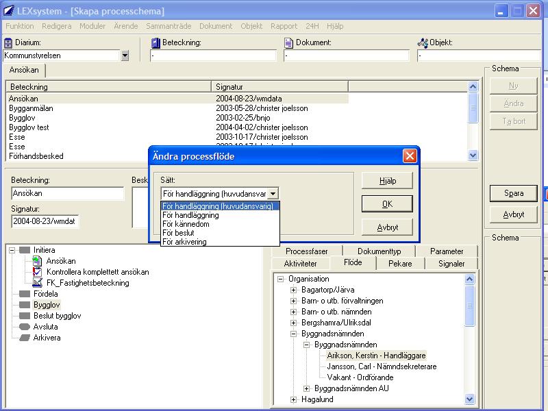 3.5 Flöde Under fliken Flöde visas den organisation som finns inlagd i Lex under modulen Organisation. Här kan du välja en användare och koppla den till processen.