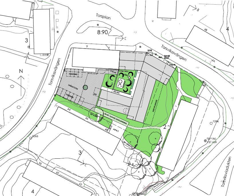 Situationsplan som visar förslag på ny bebyggelse på Torselden 8. Förslaget bearbetas vidare i den fortsatta planeringen (Nyréns arkitekter).